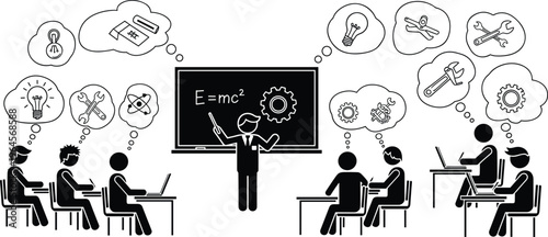 Black line art illustration showing students in classroom brainstorming ideas about physics, engineering, and technology during a teacher’s whiteboard lecture.