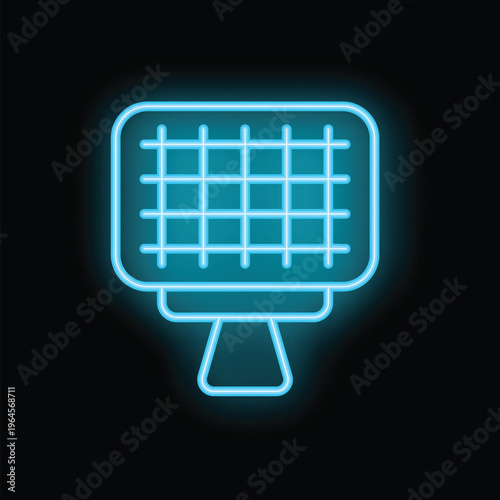 Neon blue icon of a solar panel glowing on a black background