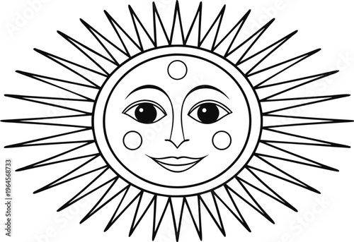 Black and white line of a smiling sun with rays and face line smiling sun face sun rays
