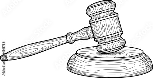 Wooden judge's gavel and sound block in black and white sketch, justice concept. Vector illustration

