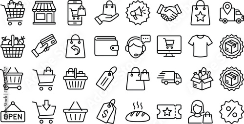 E-commerce and Retail Icon Set Featuring Shopping Cart, Delivery, Customer Service, Product Packaging, and Payment Icons for Websites and Apps