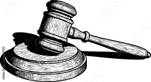 Wooden judge's gavel and sound block in black and white sketch, justice concept. Vector illustration
