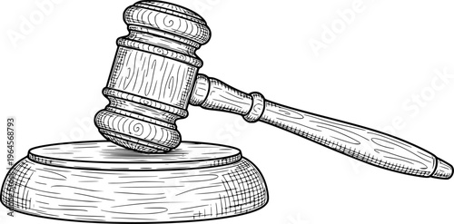 Wooden judge's gavel and sound block in black and white sketch, justice concept. Vector illustration
