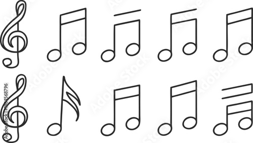 Black and white musical notes doodle collection with treble clef eighth notes quarter notes