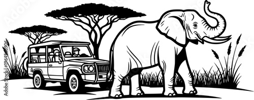 African Safari Wildlife Vector Illustration, Black and White Elephant and Jeep A
