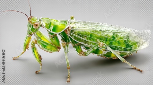 Translucent Glass Crystal Praying Mantis, 3D Digital Bio-Art with Golden Accents, Scientific Illustration Style Surreal Insect, Perfect for Educational Materials, Luxury Decor and Design Projects