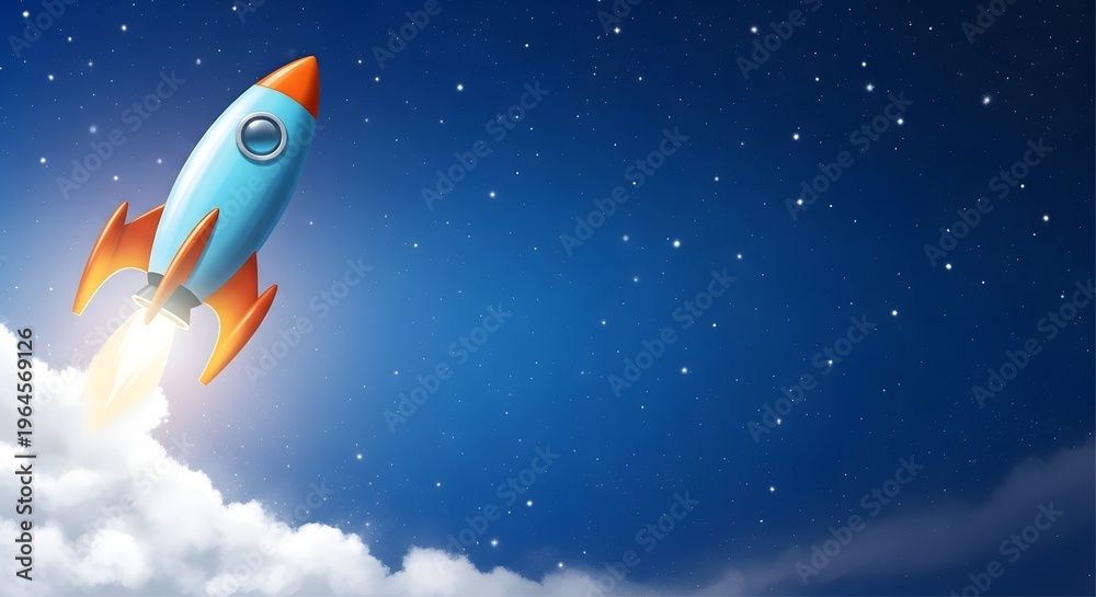 Fototapeta premium A rocket ship soaring through the night sky with vibrant orange fins and a trail of flames