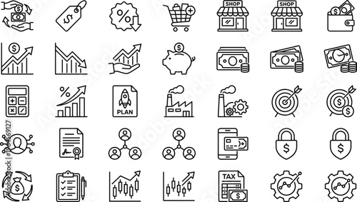 Finance, Business, and Investment Icon Set Featuring Growth, Money, Tax, Shopping, and Strategy Symbols for Digital Media, Websites, and Apps