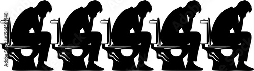 Set of young man sitting in the toilet bowl silhouette on white background
