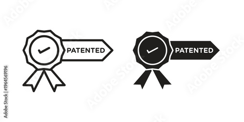 Patented icons line and solid version, outline and filled vector design set