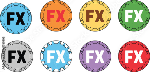 Set of eight colorful circular FX icons with decorative scalloped borders for special effects and media editing concepts.