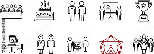 Black line art lifestyle icons showing business meeting, birthday cake, winning trophy, coffee shop date, camping tent, and diverse people.