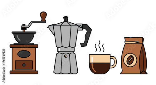 A set of coffee related items including a coffee grinder espresso maker cup of coffee and bag of coffee beans, Generative AI.