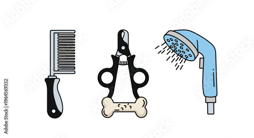Vector illustration of dog grooming tools including a comb nail clippers with a dog bone and a shower head, Generative AI.