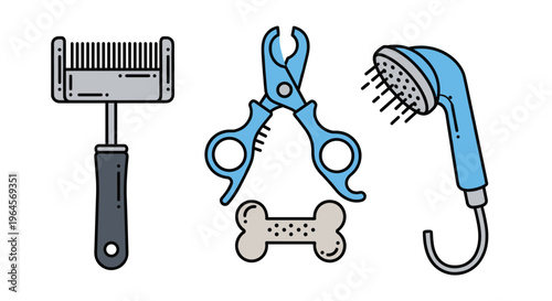 A set of pet grooming tools including a comb nail clippers and shower head with a dog bone, Generative AI.
