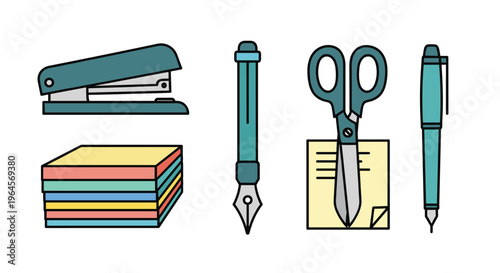 A set of office supplies including a stapler stack of colorful sticky notes fountain pen scissors and pencil, Generative AI.