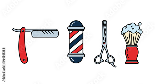 A set of colorful barber shop icons including a razor pole scissors and brush, Generative AI.