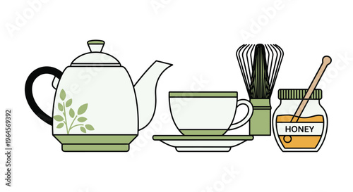 A green tea set with a teapot cup and saucer accompanied by a jar of honey and a whisk, Generative AI.