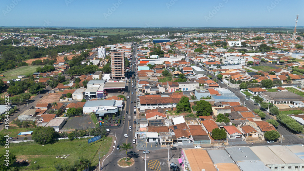 Fototapeta premium Aerial drone view of Bady Bassitt city in Sao Paulo state, Brazil. Residential neighborhoods, urban development and expansion of a small Brazilian town in the countryside