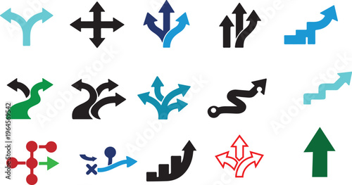 Direction arrow icon with multiple paths. Choice and decision making symbol. Strategy, planning and alternative route concept. Navigation, growth and progress pictogram for business scenarios.