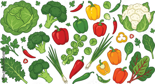 Fresh Vegetable Collection Featuring Cabbage, Broccoli, Bell Peppers, Chili, Cauliflower, and Leafy Greens in Colorful Flat Style for Healthy Food Design
