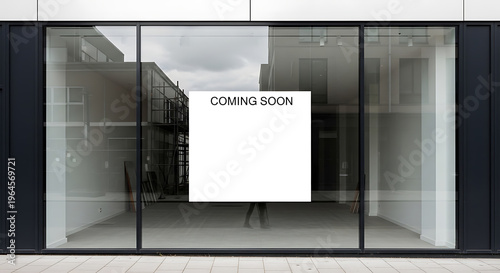 Storefront with 'COMING SOON' sign mockup, blank spaces for text