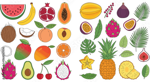 Tropical fruits collection with mango pineapple papaya dragon fruit citrus and exotic leaves colorful vector illustration set isolated on white background