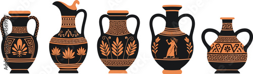 Set of ancient Greek vases with decorative patterns isolated on white background classical pottery vector illustration collection