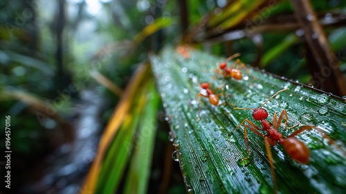 Macro Close-Up of Vibrant Red Ants Crawling on Dew-Covered Green Leaf in Lush Tropical Rainforest, Wet Foliage Wildlife Insect Biodiversity