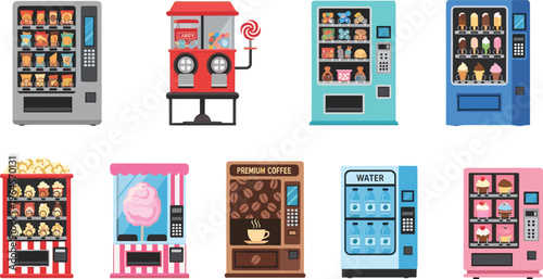 Collection of vending machines with snacks, ice cream, coffee, water and candy dispenser, colorful vector illustration of automated retail concept