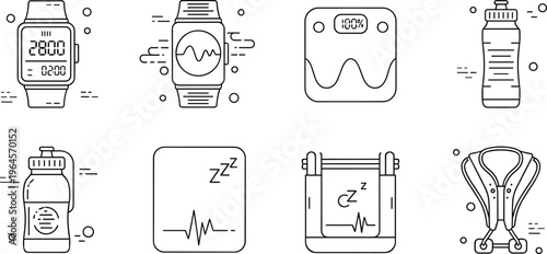 Fitness tracking and health monitoring icons set smartwatch sleep hydration activity vector illustration minimal outline design collection
