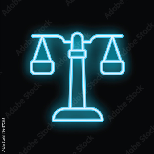 Blue neon sign representing scales of justice glowing on a wall