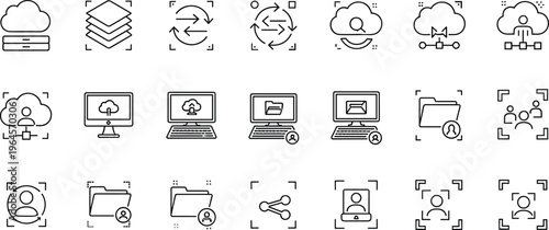 Cloud computing and data management icons set storage sharing user access vector illustration minimal outline technology collection design
