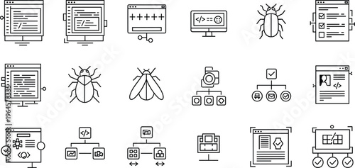 Software development and debugging icons set coding bugs testing interface vector illustration minimal outline programming collection design