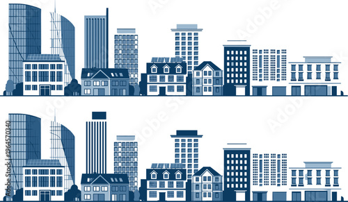 Modern City Skyline Illustration Set with Urban Buildings Houses Skyscrapers and Architecture Elements for Real Estate Development Cityscape and Infrastructure Design Projects.