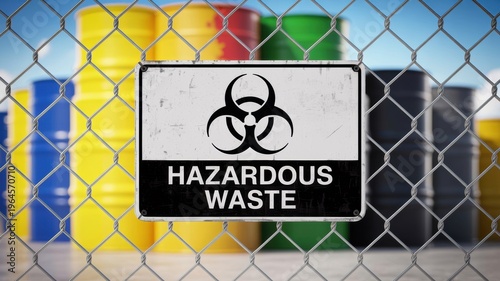 Hazardous waste sign on chain link fence with colorful barrels