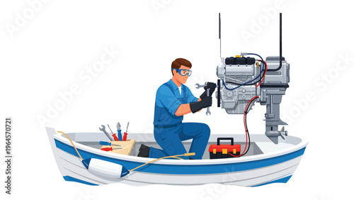 Boat Engine Repair: A skilled mechanic meticulously repairs an engine of small boat. The scene evokes a sense of expertise and dedication to the craft