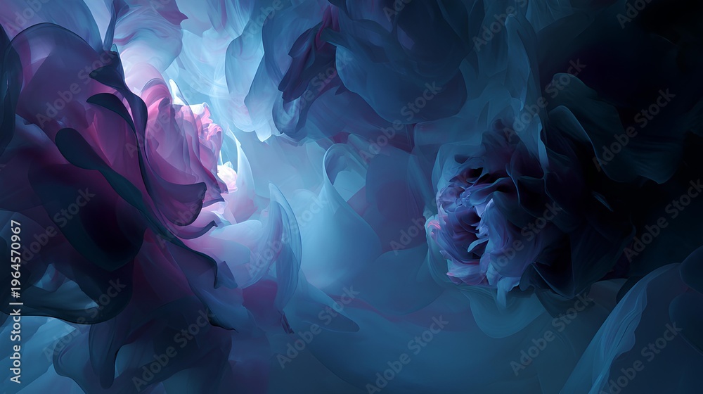 Fototapeta premium Mystical Floral Fantasy: An ethereal close-up unveils an enchanting array of delicate petals, dancing in a symphony of indigo, mauve, and cerulean hues, as though emerging from a dream. 