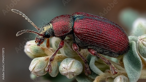 Macro Close-Up of Metallic Reddish-Brown Leaf Beetle Perched on Fuzzy Succulent Flower Buds, Wild Entomology Subject for Scientific Research, Nature Education and Biological Illustration