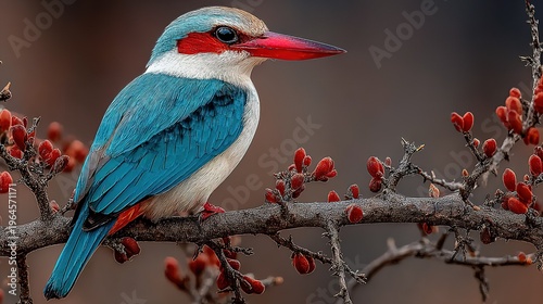 Vibrant Red-billed Woodland Kingfisher (Halcyon senegalensis) Perched on Thorny Branch with Red Berries, Warm Blurred Background, Stylized African Bush Wildlife Portrait