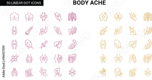 Body ache linear icons set with pain areas anatomy joints muscles and medical symptom symbols vector illustration isolated on white background