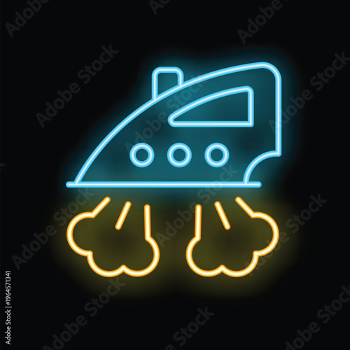 Blue and yellow neon sign of a steaming iron, perfect for any laundry business looking for a modern and eye catching logo