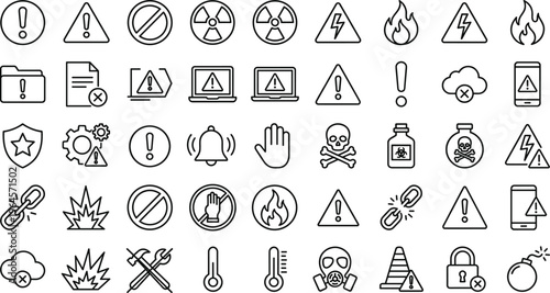 Hazard and Warning Icon Set Featuring Security, Danger, Toxic, and System Error Symbols for Websites, Apps, and Digital Media Design