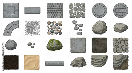 Stone Terrain Tile Set Vector Top View – Modular Rock Gravel Pathway Elements for Landscape Design and Game Environment