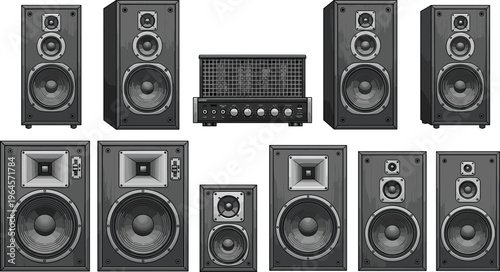 Set of audio speakers and amplifier equipment isolated on white background sound system vector illustration collection