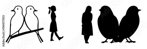 Solid black icon, white background: digital twin silhouette set with simple line art design featuring line art, illustrations, graphic resources with vector and design elements