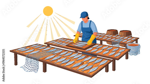 Fish Drying in Sunlight: A worker meticulously arranges freshly caught fish on wooden drying racks under the warm embrace of the sun, utilizing time-honored techniques for preserving the harvest