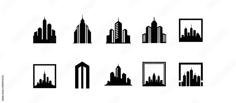 Obraz premium Abstract silhouetted cityscape collection on black backgrounds
