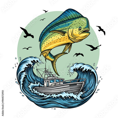 Mahi mahi jumping out of water with fishing boat on big ocean waves and sunset background