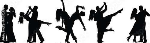 Black silhouettes of diverse couples ballroom dancing in elegant poses isolated on white background for wedding celebration or romantic event designs